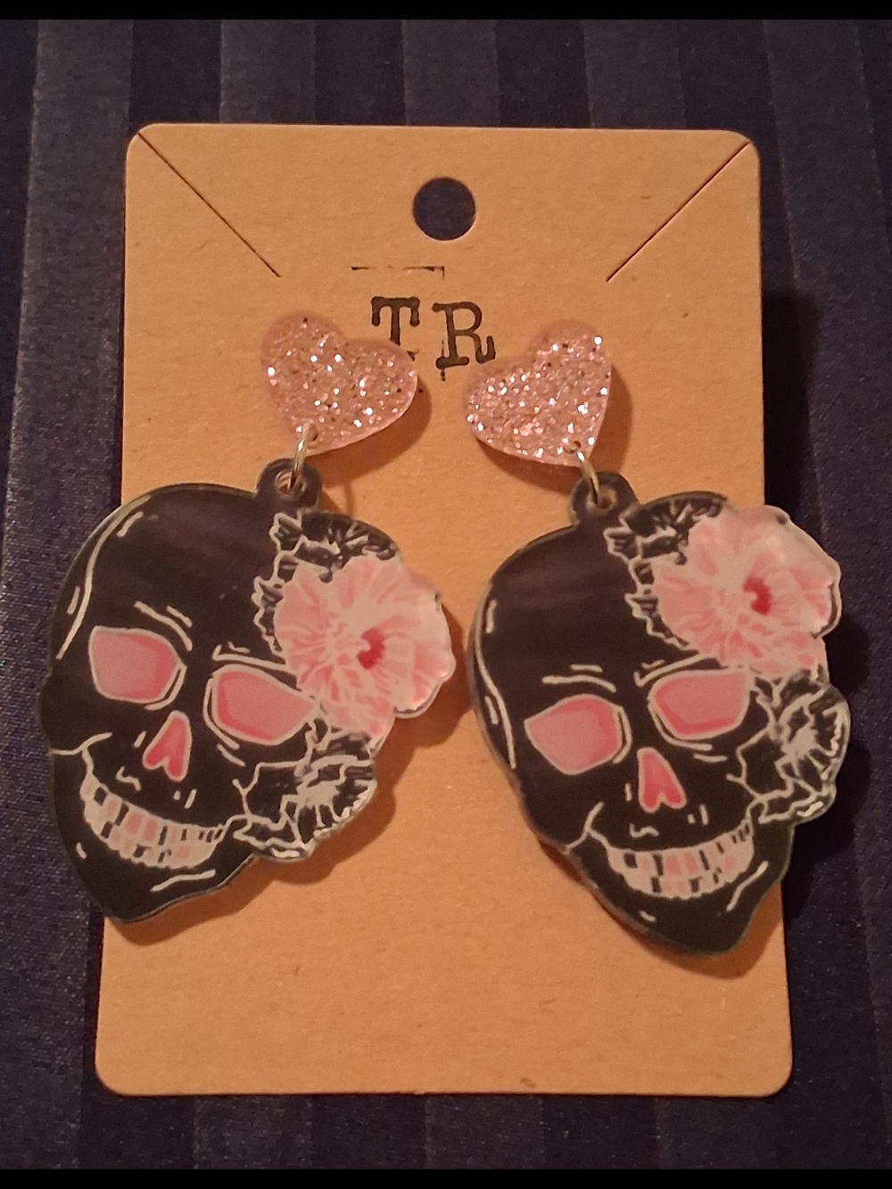 Black & Pink Floral Skull Dangle Earrings
